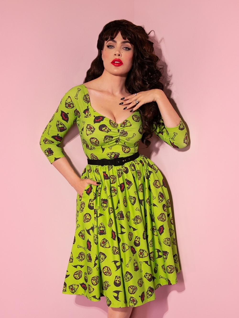 Vixen by Micheline Pitt Wicked Swing Dress In Vintage Monster Print, Size XL GUC